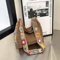 Chic brown crochet tote bag with colorful granny square straps for a bohemian summer look - Khaki (With Straw Hat Set) / Khaki