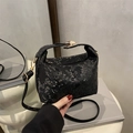 Mini black snakeskin texture handbag with gold hardware and versatile crossbody strap - Black