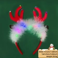 LED Christmas reindeer antler headband with festive red plush, white feathers and bells - Christmas Headband / Red Antler With Bells