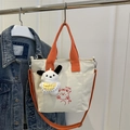 Cream canvas tote with orange straps, cartoon bear print and plush charm accessory - With Ornament / Orange