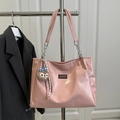 Pink PU leather tote bag with chain strap and cute bear plush charm in a casual style - Pink
