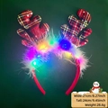 LED Christmas headband with red plaid reindeer antlers and white feather trim - Christmas Headband / Red Antlers Style