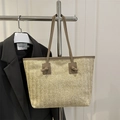 Borsa tote in paglia estiva con manici in pelle marrone e trama intrecciata beige - Borsa Tote (HJ8897) / Cachi