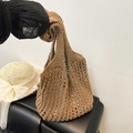 Elegante borsa hobo tessuta marrone con grande design a rete e manico abbinato - Con Cappuccio / Stile 2 Cachi