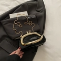 Glossy black pillow clutch bag with artistic gold metal handle and chain strap - Black