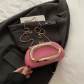 Pink patent leather pillow bag with gold semi-circle handle and chain shoulder strap - Barbie Pink