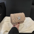 Elegant beige quilted crossbody bag with rhinestone star detail and silver chain strap - Khaki