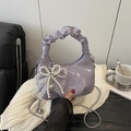 Purple glossy crescent handbag with pleated handle and pearl bow charm details - No Pendant / Purple