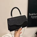 Sac à bandoulière noir élégant avec poignée à paillettes et chaîne en argent pour femme - Noir