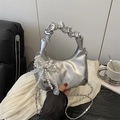 Silver crescent bag with scrunchie handle, lace bow, and pearl heart charms - No Pendant / Silver