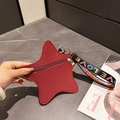 Star-shaped red litchi grain leather coin purse with colorful LOVE webbing strap - Burgundy