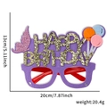 Detail of purple felt birthday party glasses with gold glitter lettering and 3D balloons - Butterfly Balloon Purple Frame Style