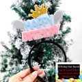 Detail of Happy Birthday headband with gold glitter crown and silver felt feathers - One Size / Blue Pink Letters Crown Wings Style