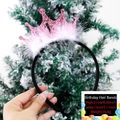 Pink sequin birthday crown headband with white feather trim and size specifications - Pink Crown Style