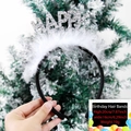 Birthday hair band featuring silver glitter HAPPY letters and white feather trim - Happy Birthday Letters Silver Style