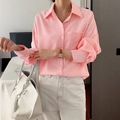 Pink and white striped long-sleeve women's shirt with classic collar and front pocket - XS / Sakura Pink