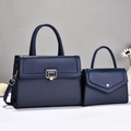 Dark blue contrast leather tote and crossbody bag set with woven texture and gold hardware - Blue