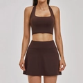 Chocolate brown two-piece yoga set with halter crop top and high-waisted sports skirt - 6116 Bra + 6116 Skirt - Dark Brown / S