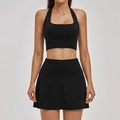 Women's black yoga set with halter neck tank top and high waist sports skort - 6116 Bra + 6116 Skirt — Sophisticated Black / S