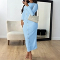 Light blue long sleeve knit dress featuring golden buttons and a slim bodycon fit - XS / Blue