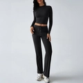 Schwarzes 2-teiliges Yoga-Set für Damen mit Langarm-Crop-Top und High-Waist-Hose mit weitem Bein - XS / Schwarz