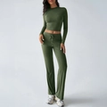 Women's army green sports yoga set featuring long sleeve crop top and drawstring wide leg pants - XS / Army Green