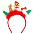 Detail of Christmas headband with Santa, reindeer, and tree glitter ornaments - Santa Bow Red Feather Style