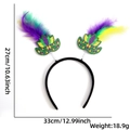 Dettaglio cerchietto di Carnevale con piume viola giallo verdi e misure dimensionali - Stile Piuma Maschera Mardi Gras