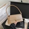 Minimalist apricot baguette bag with gold square lock and thick round handle for women - Khaki