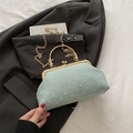 Mint green retro kiss-lock bag with white polka dot embroidery and gold chain strap - Green