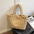 Beige plush tote bag featuring a 3D ribbed texture and unique bubble-shaped handle - Khaki