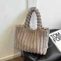 Taupe faux fur plush tote bag with vertical stripes and fluffy pom-pom handles - Brown