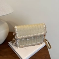 Bohemian beige straw crossbody bag with shell fringe and brown leather shoulder strap - Khaki