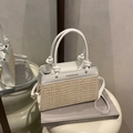 White and beige patchwork shoulder bag with knot handle and Fashion Bag print - White