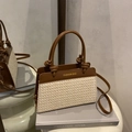 Brown and cream leather patchwork handbag with retro woven texture and slim strap - Brown