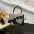 Retro grey fabric and black leather crossbody bag with elegant gold D-shaped buckle - Black