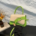 Green leather and woven straw crossbody bag with gold D-buckle and top handle - Green