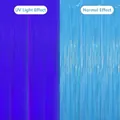 Tenda di pioggia laser per feste con effetto luce UV e luce bianca normale mostrato - Tenda a Frange Blu Macaron Fluorescente / 1m*1m