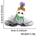 Barrette Halloween crâne avec chapeau de sorcière à paillettes vertes et pompon violet - Style Sorcière Verte Squelette Nœud