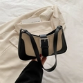 Sac sous le bras minimaliste en tissu tissé beige avec garniture en cuir noir chic - Noir