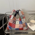 Colorful patchwork corduroy tote bag with floral patterns and C'EST LA VIE label - Handbag Style