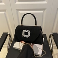 Elegant black suede mini handbag with luxury crystal buckle and gold chain strap - Black