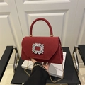 Dark red suede handbag featuring a large crystal square buckle and gold chain strap - Red