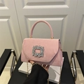Pink faux suede square bag with a sparkling crystal buckle and gold chain strap - Pink
