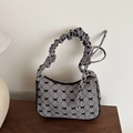 Borsa a spalla vintage a scacchi bianchi e neri con fiocchi e manico arricciato - Marrone