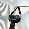 Glossy black crossbody chest bag with silver chain and pearl detail for women - Black