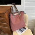 Dusty pink canvas tote bag with floral logo and colorful striped shoulder strap - Pink