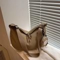 Khaki nylon crescent hobo bag with adjustable wide strap and matching round mini pouch - Khaki
