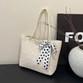Borsa tote in paglia beige con ricamo a margherita e fiocco a pois elegante - Bianco Sporco