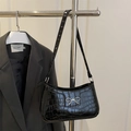 Black crocodile embossed baguette bag with silver metal bow and shoulder strap - Black